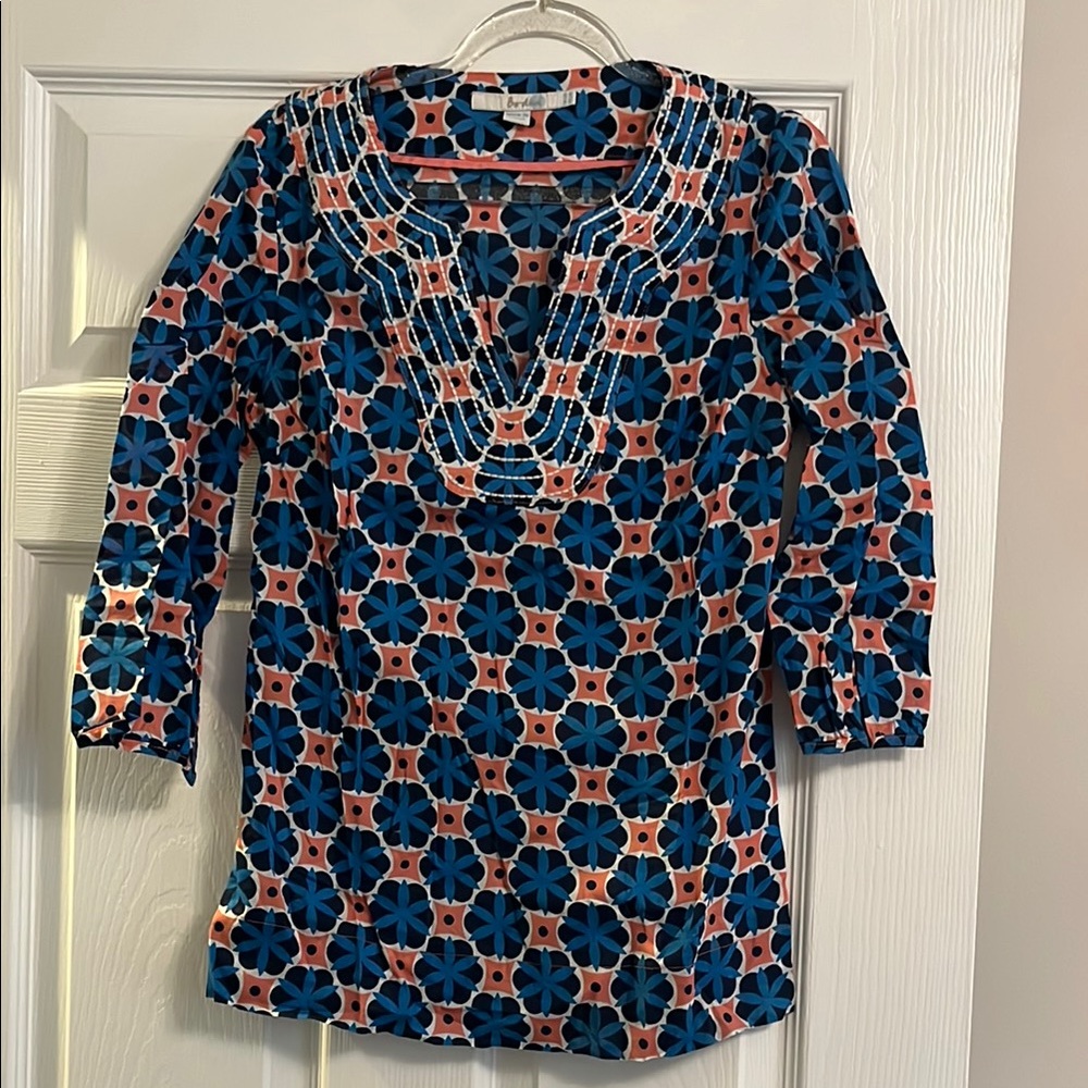 Boden Women's Blue and Pink Patterned Top